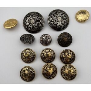 Vintage Metal Crest Buttons Lot – Gold & Silver Heraldic Lion & Shield, 12pcs
